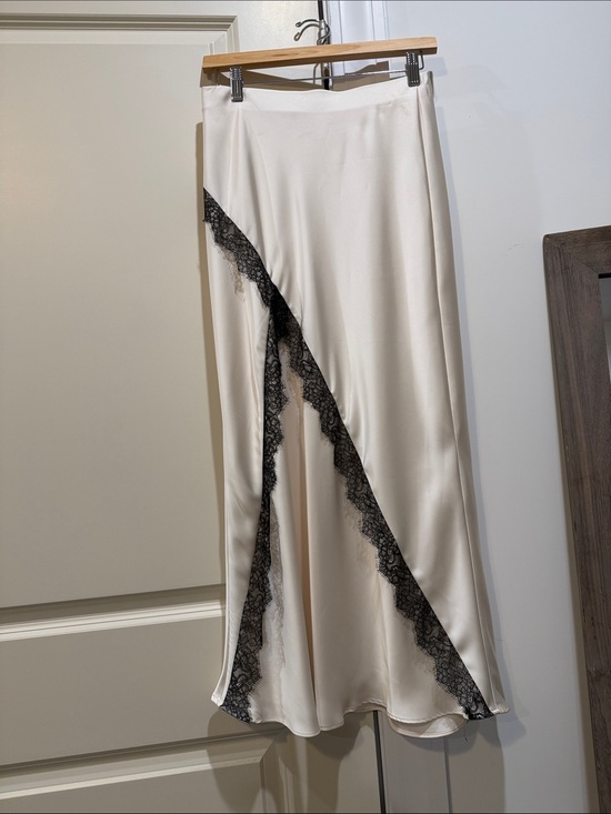 Zara Dresses & Skirts - Zara Ivory Satin Maxi Skirt with Black Lace Diagonal Trim